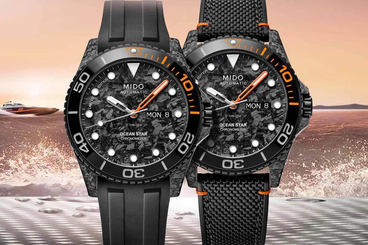 Mido Ocean Star 200C hybrid strap with orange stitching