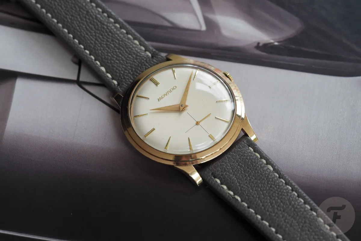 Movado Disco Volante on wrist with taupe strap
