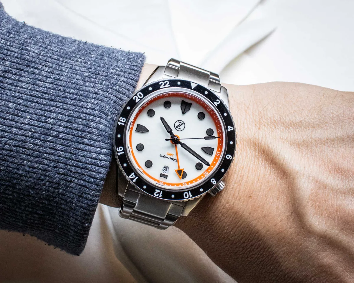 Zelos Mako 300m GMT watch in low light
