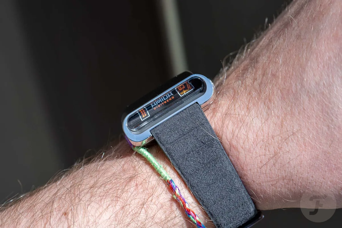 Amida Digitrend watch worn on the wrist with Alcantara strap