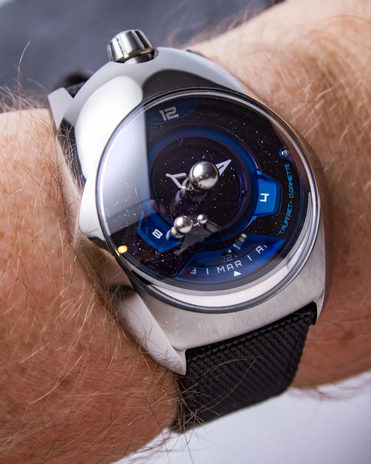 SpaceOne Tellurium watch showing the aventurine dial