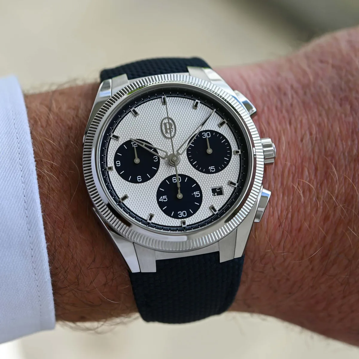 Close-up of Parmigiani Tonda PF Sport Chronograph with Milano blue dial