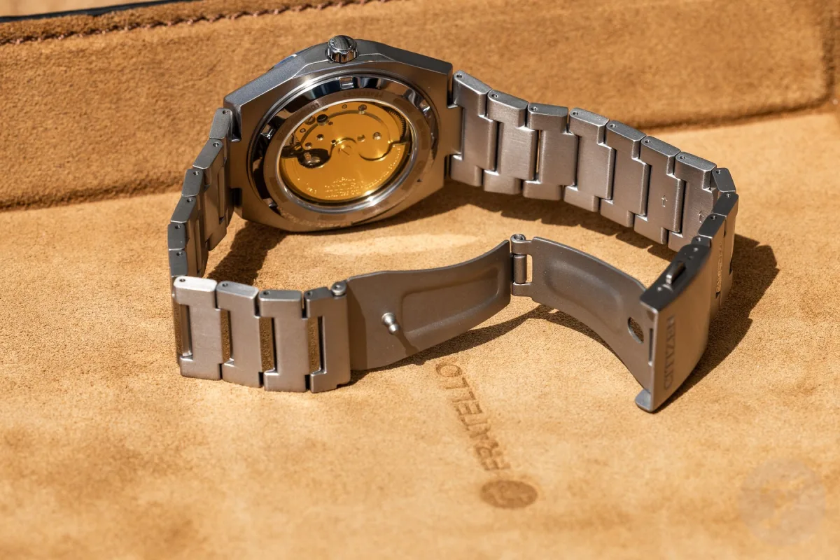 Close-up of clasp on Citizen Super Titanium bracelet