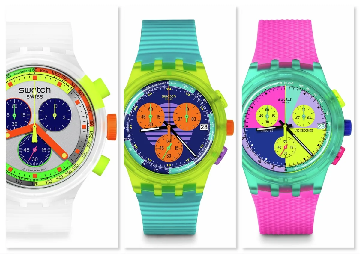 Swatch Neon collection featuring Pink Podium and Neon Rider