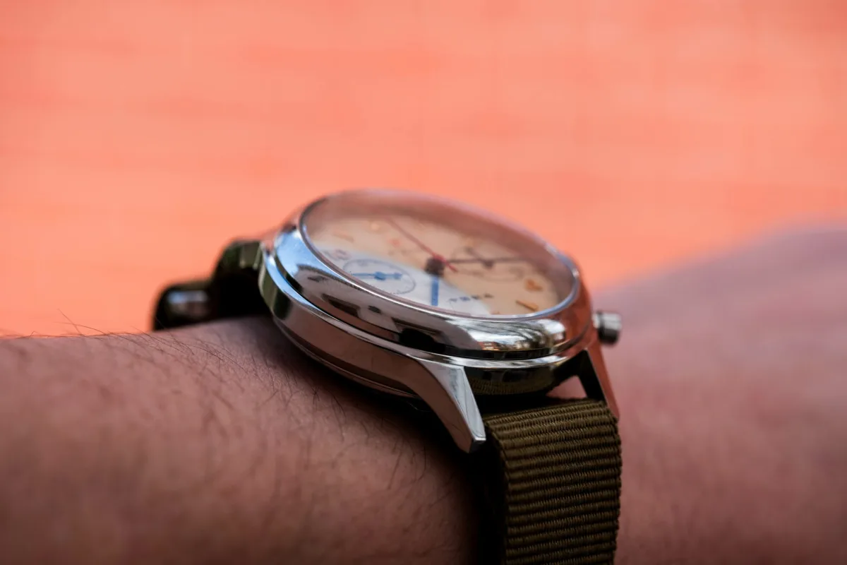 Seagull 1963 watch on wrist showcasing size and style