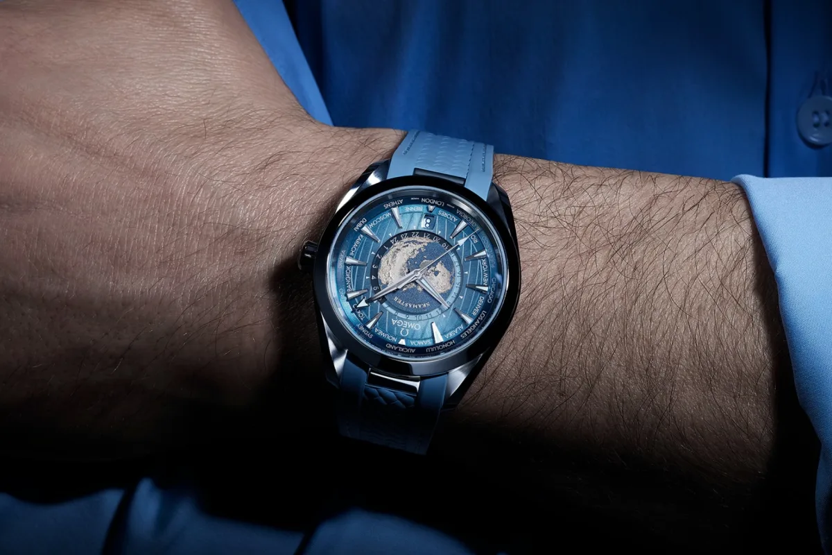 Omega Seamaster Aqua Terra 150M Worldtimer watch with laser-etched world map dial