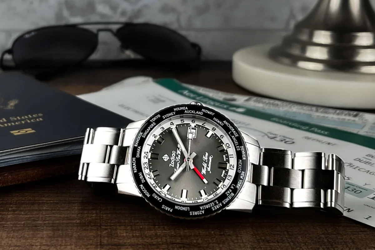 Zodiac Super Sea Wolf World Time watch with archival color scheme