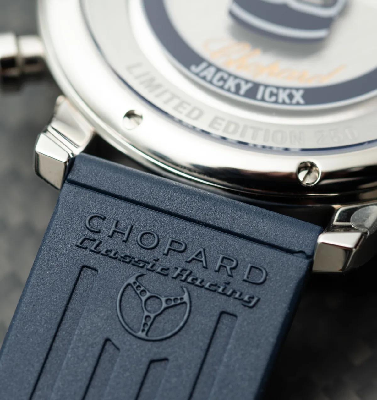 Close-up of Chopard Mille Miglia Classic Chronograph JX7 steel finish