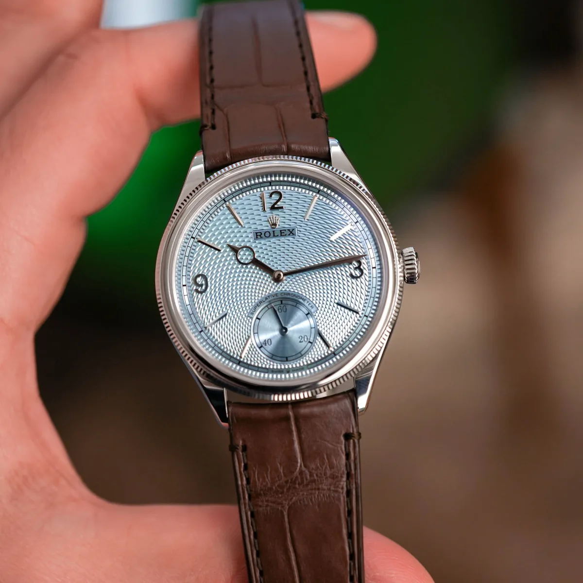 Close-up of Rolex Perpetual 1908 Platinum watch face