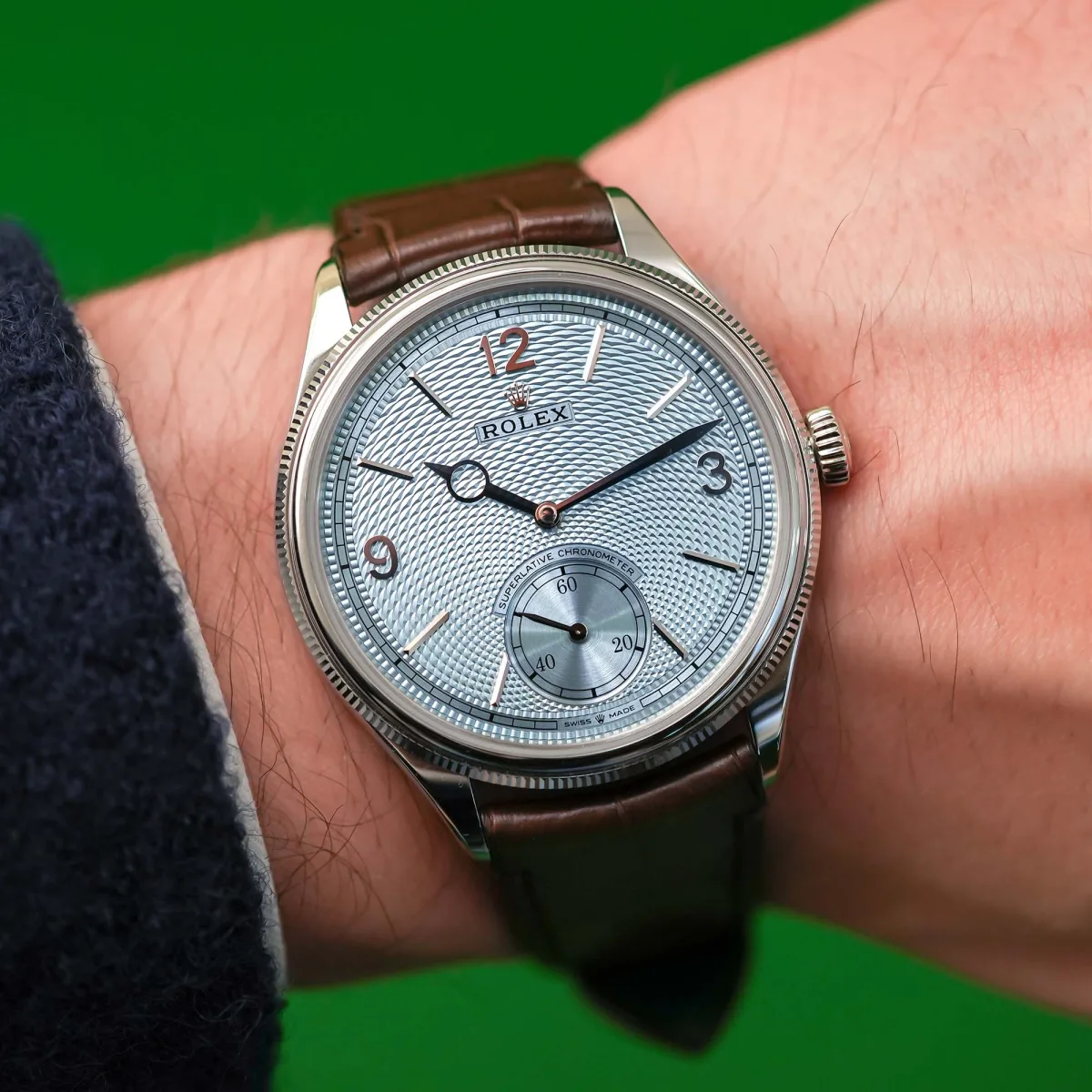 Rolex Perpetual 1908 Platinum watch on display