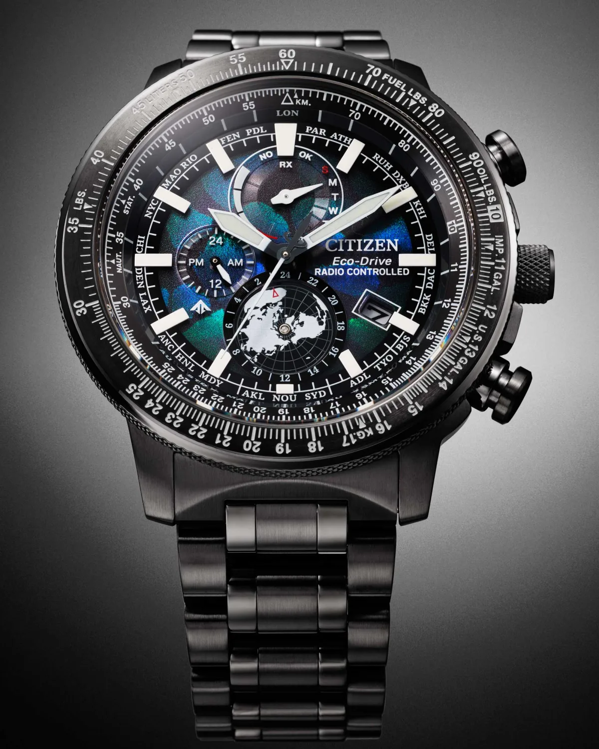 Back view of Citizen Geo Trekker showing stainless steel case