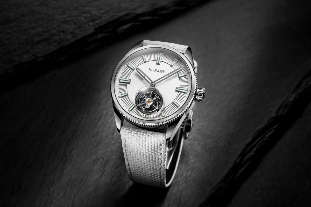 Detailed view of the Horage Lensman 1.2 white dial with tourbillon
