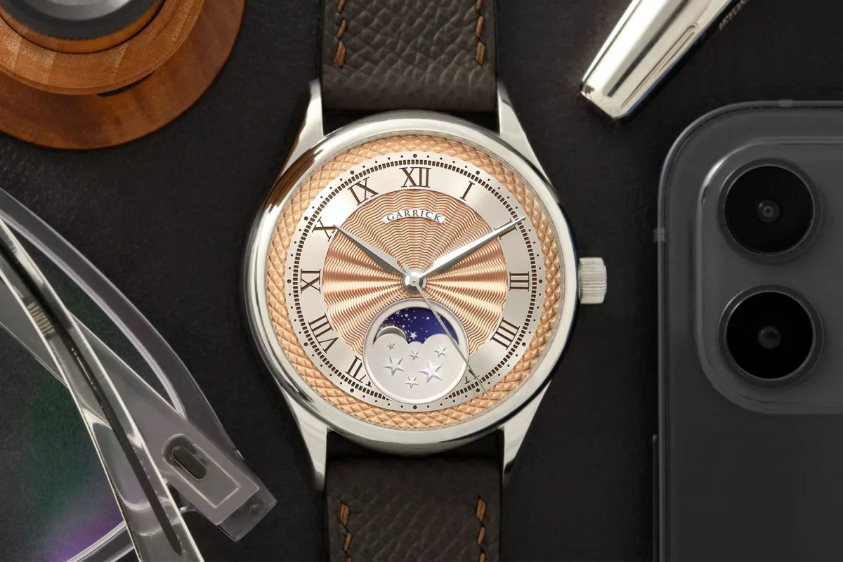 Garrick S2 Deadbeat Seconds watch with exposed Trinity balance wheel