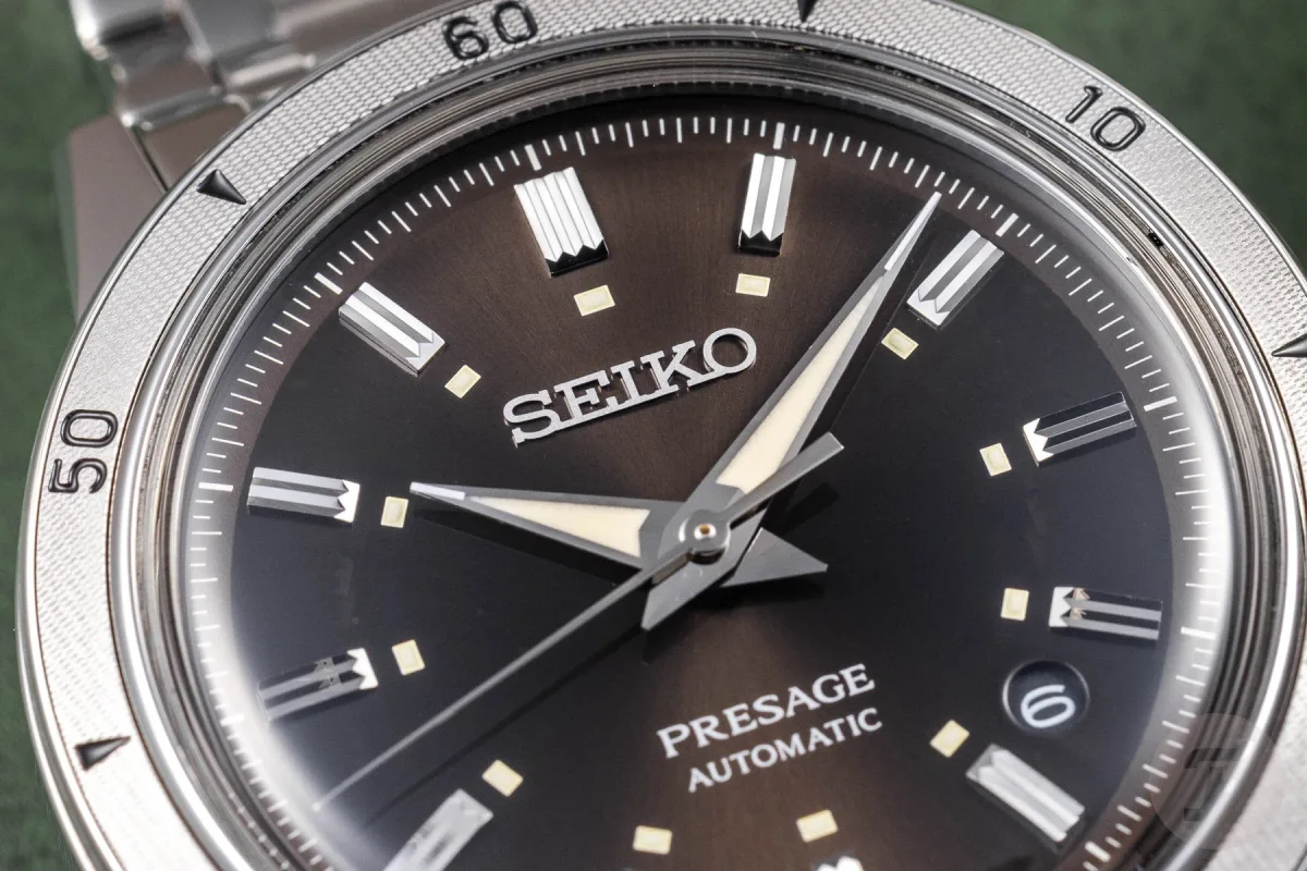 Stainless steel bezel detail on Seiko SRPL07