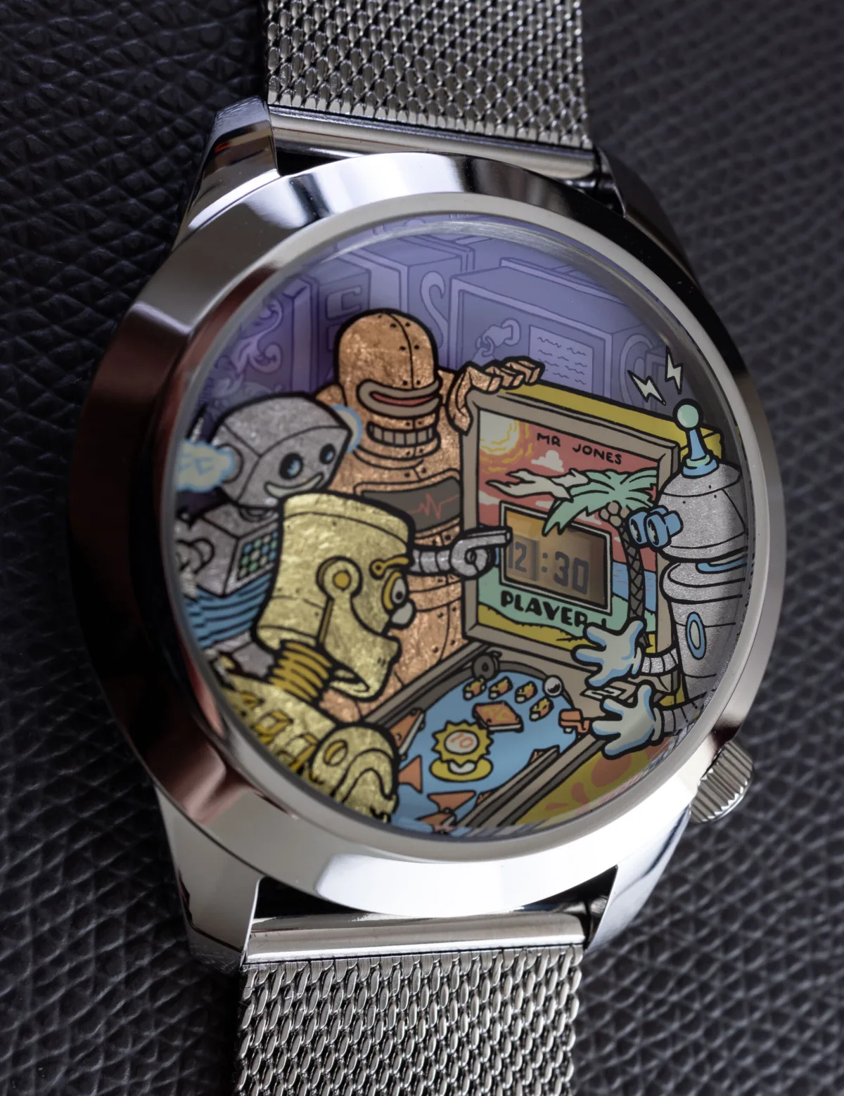 Mr. Jones Ricochet XL watch dial with robot designs