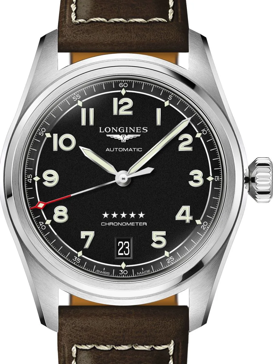 Close-up of Longines Spirit watch case and dial