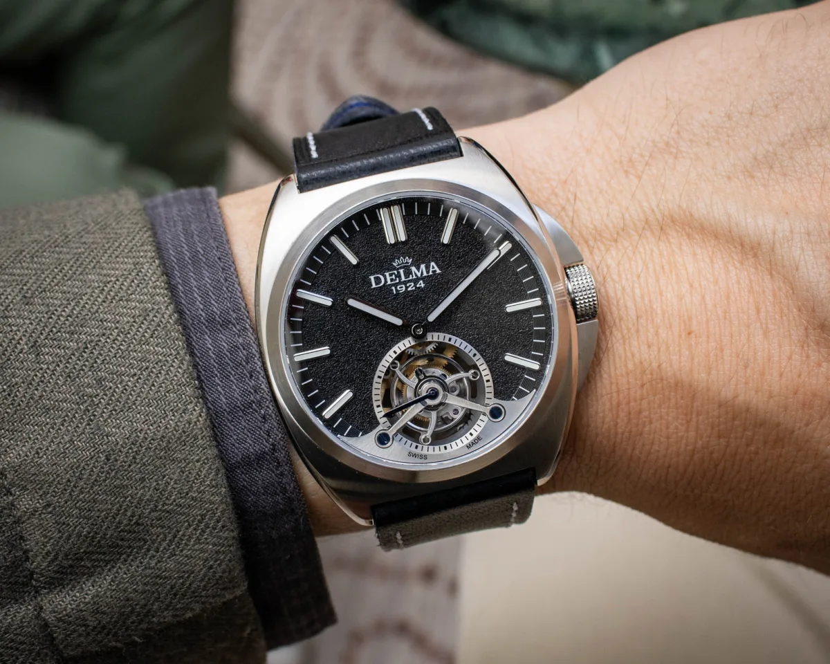 Close-up of Delma 1924 Tourbillon's bezel and crown