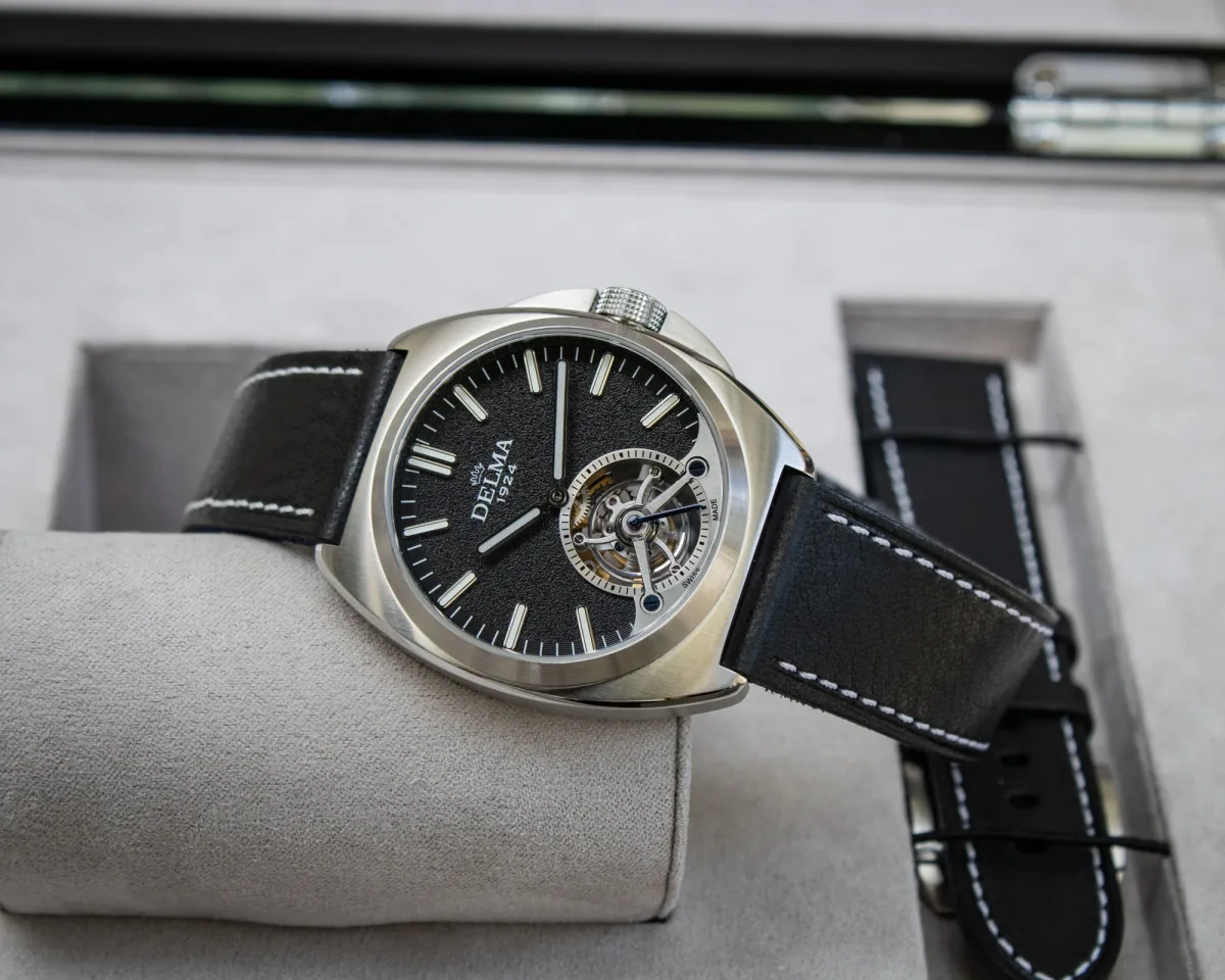 Front view of Delma 1924 Tourbillon dial and tourbillon