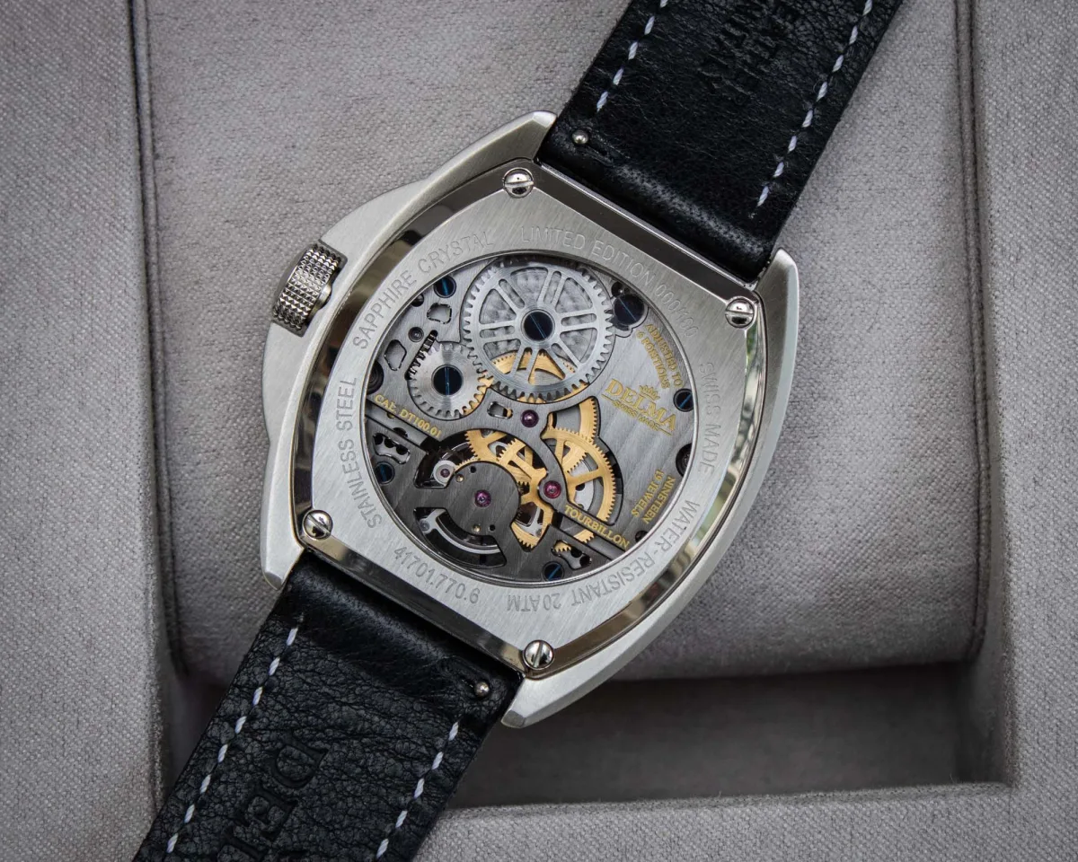 Back view of Delma 1924 Tourbillon showing the caseback