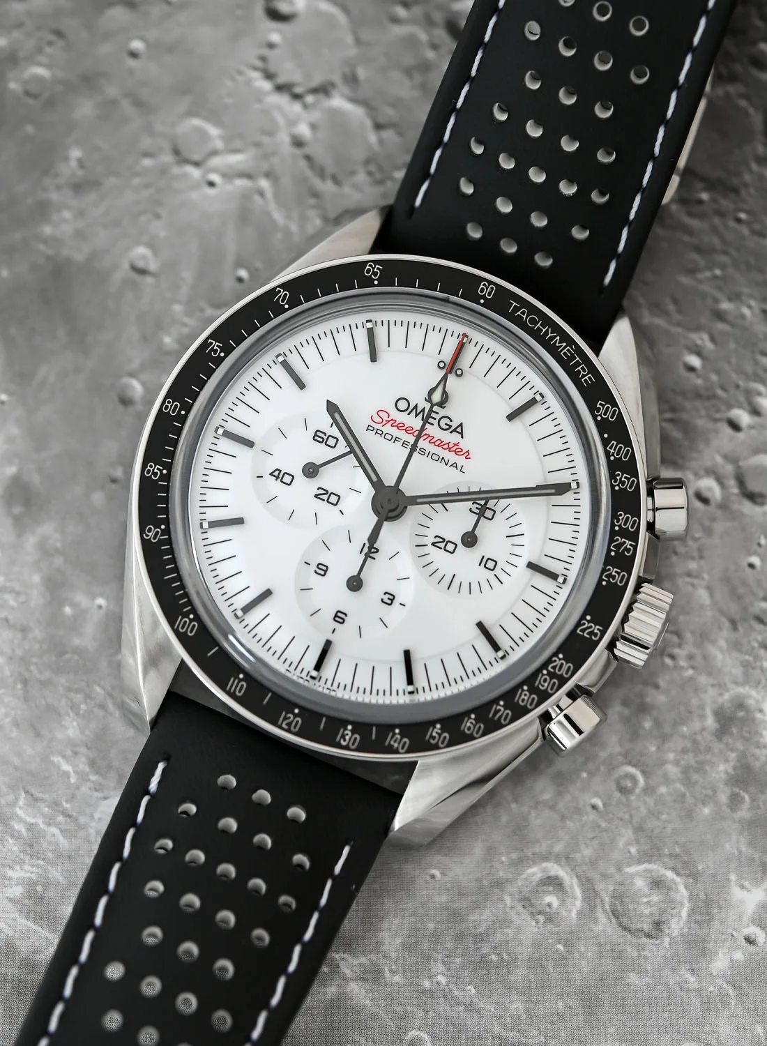 Omega Speedmaster Moonwatch with white dial on wrist