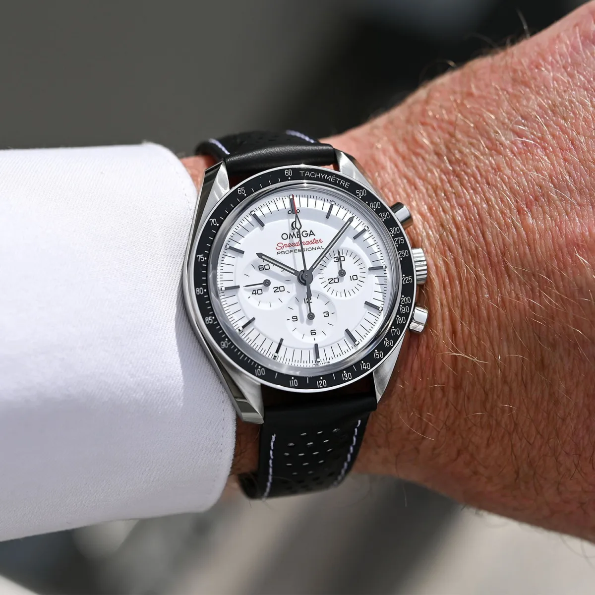 Omega Speedmaster on wrist showing depth