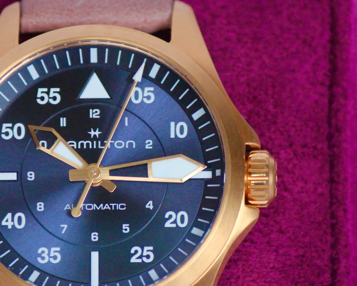 Hamilton Khaki Aviation Pilot Auto with rose gold PVD and blue dial