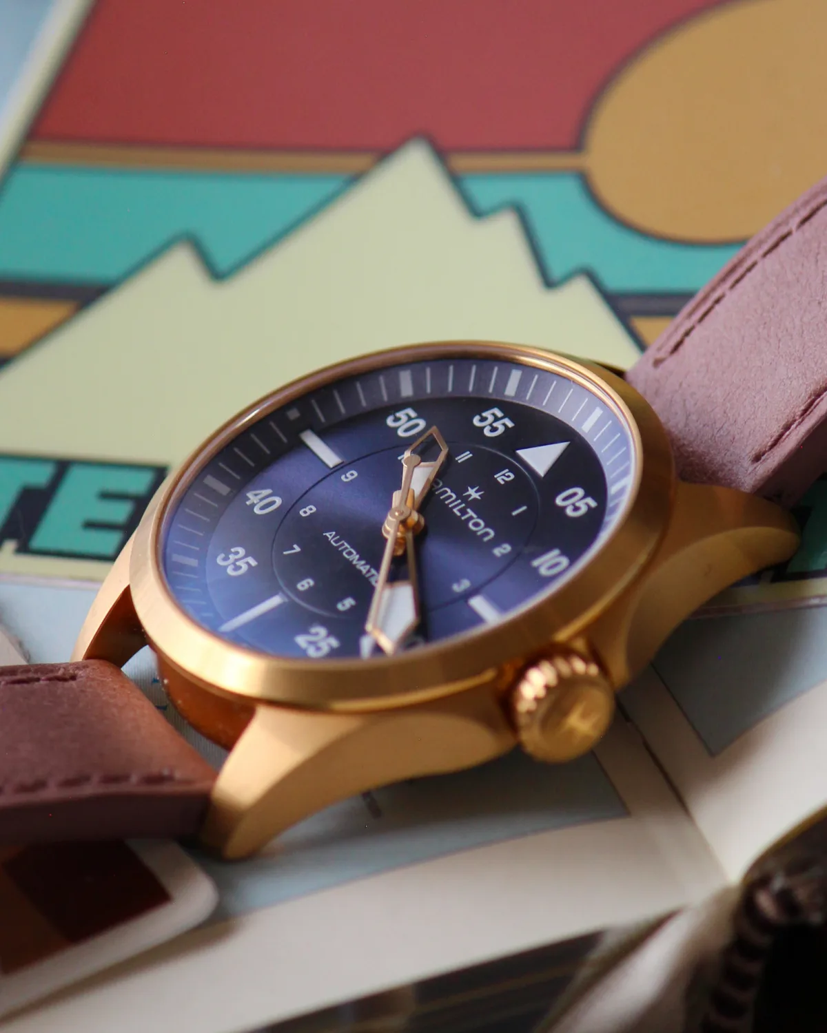 Close-up of Hamilton Khaki Aviation Pilot Auto dial and hands
