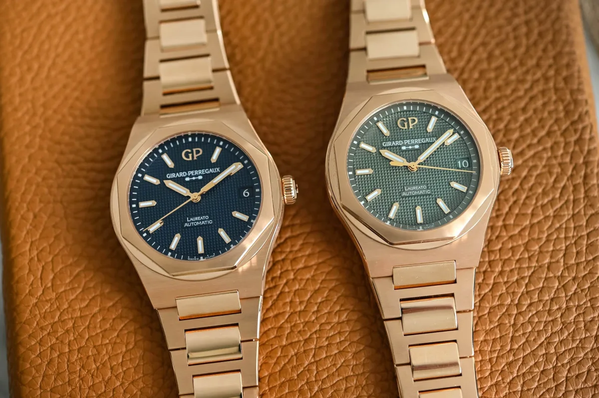 Close-up of clous de Paris dial motif on Girard-Perregaux Laureato
