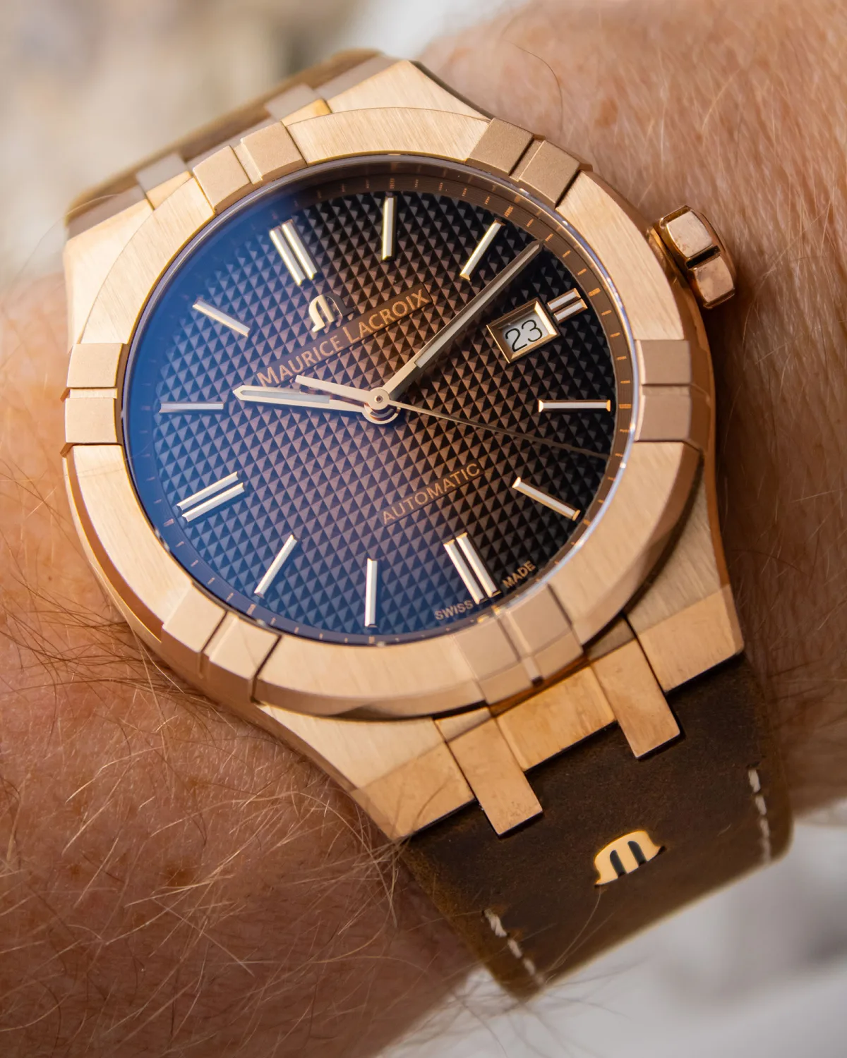 Side view of Maurice Lacroix Aikon Automatic Bronze showing case thickness