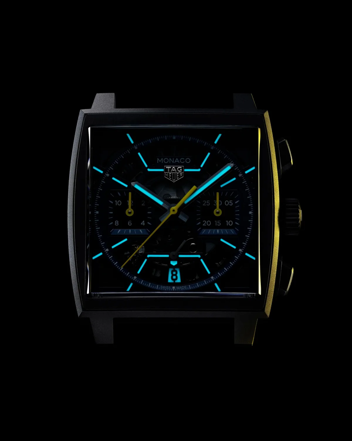 Skeletonized dial of TAG Heuer Monaco with blue lacquer