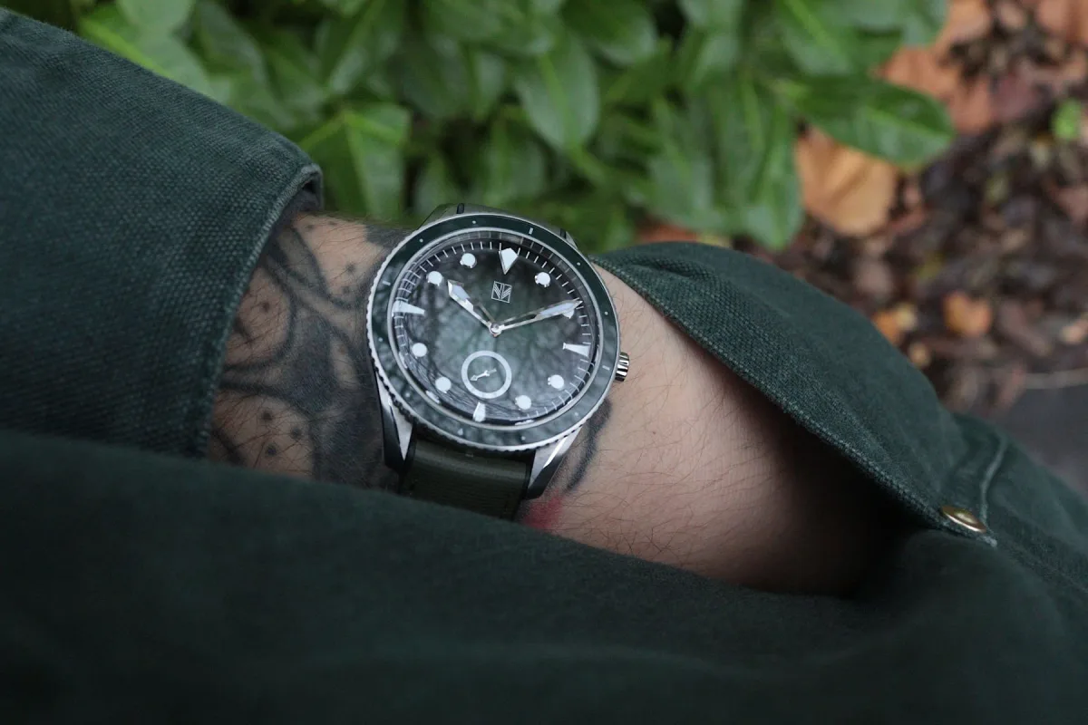 Monarque M Diver on an olive green Hydroflex strap
