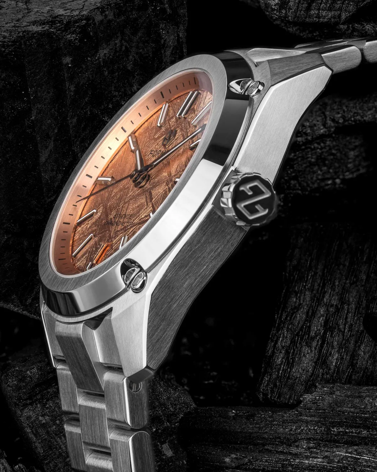 Close-up of Formex Essence 39mm watch case and crown