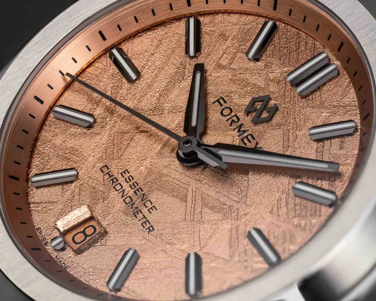 Meteorite dial detail on Formex Essence 39mm Space Gold
