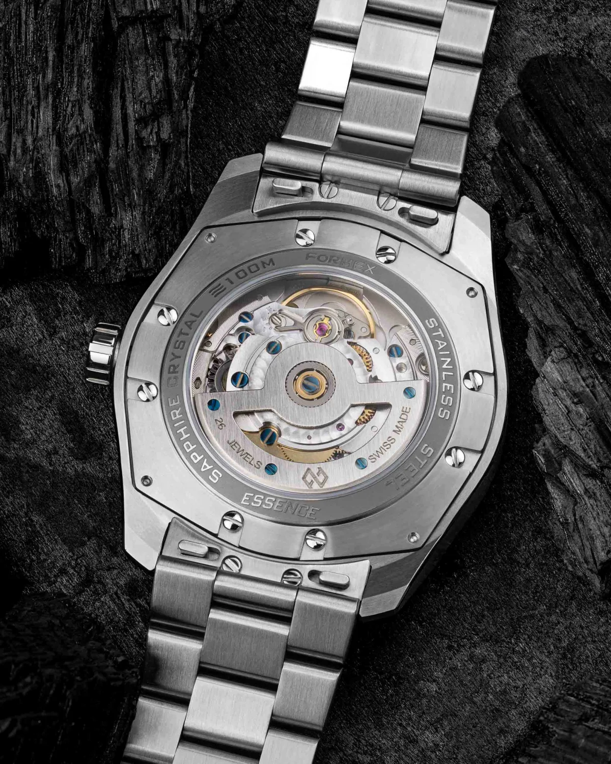 Back view of Formex Essence 39mm with sapphire case back
