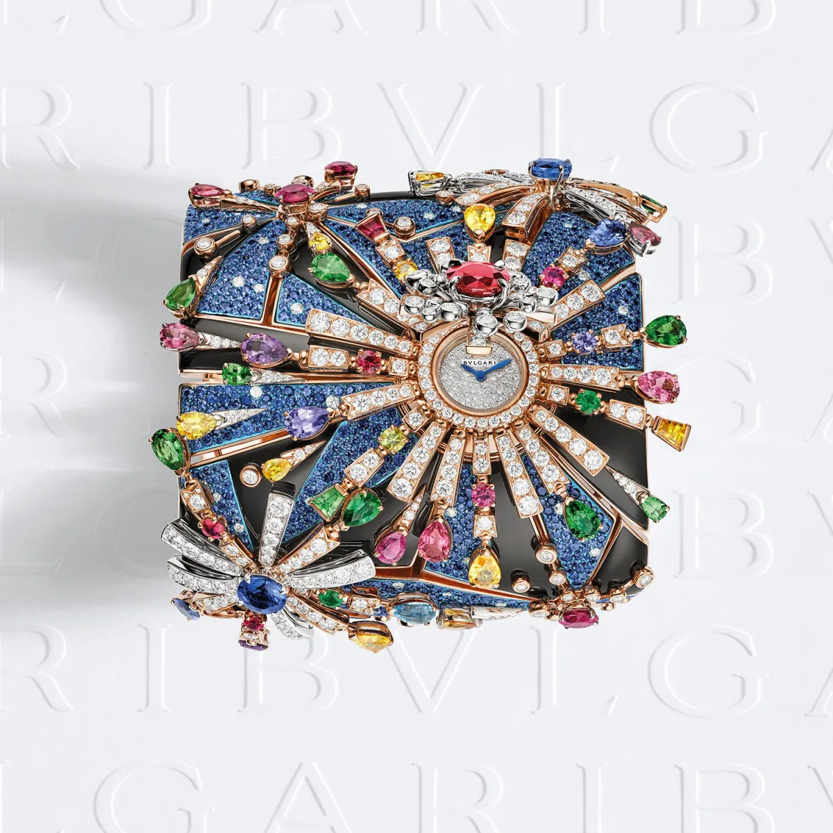 Bulgari Fuochi d’Artificio jewelry cuff watch with colorful gemstones