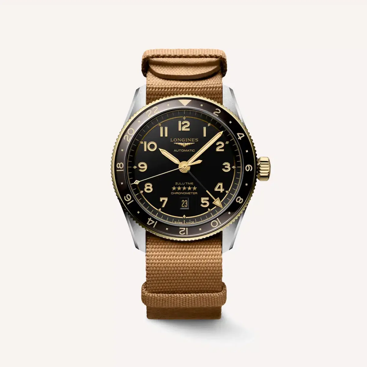 Longines Spirit Zulu Time watch with black and gold accents