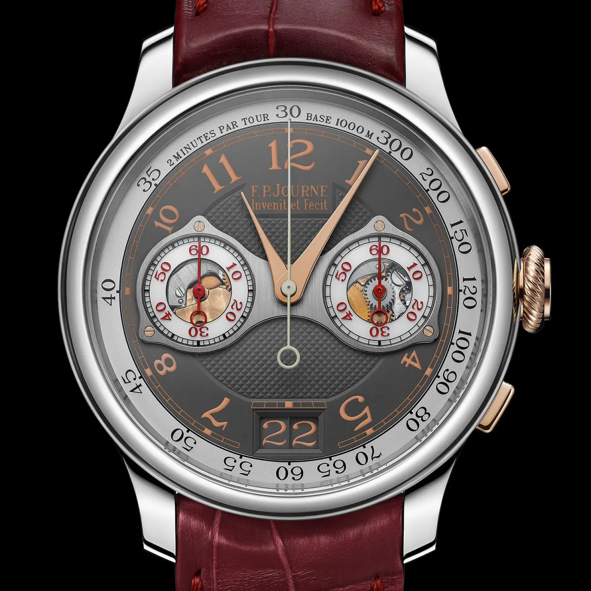 Close-up of F.P. Journe Chronograph FB dial with orange numerals