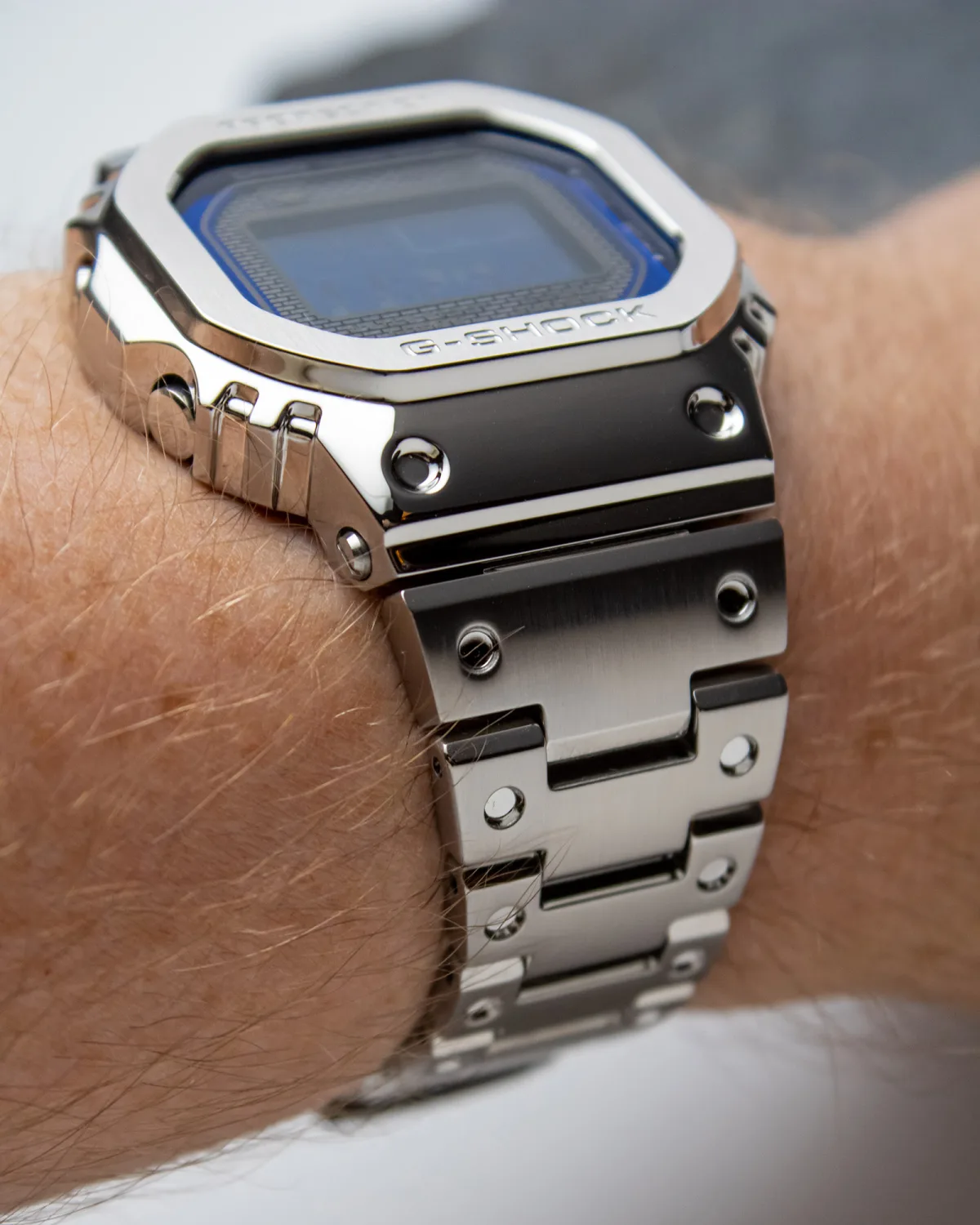 Close-up of the Casio G-Shock GMWB5000D-2 stainless steel case