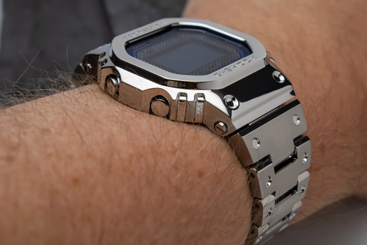 Casio G-Shock GMWB5000D-2 with stainless steel bracelet showcased