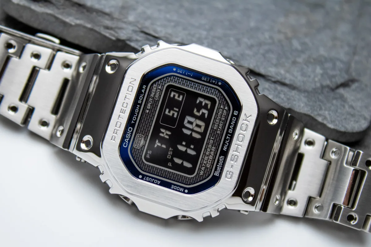 Side profile of Casio G-Shock GMWB5000D-2 highlighting the polished finish
