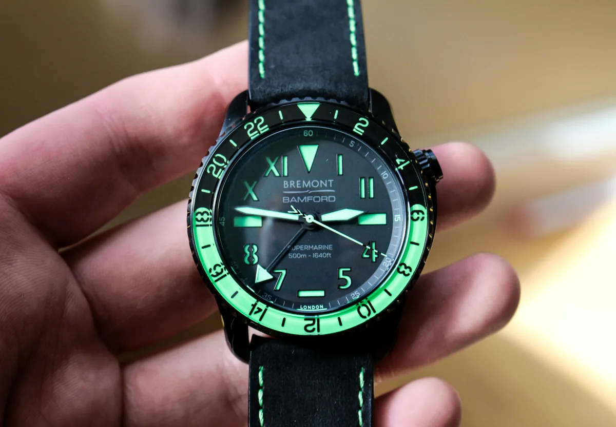 Bremont X Bamford Aurora Supermarine GMT watch glowing