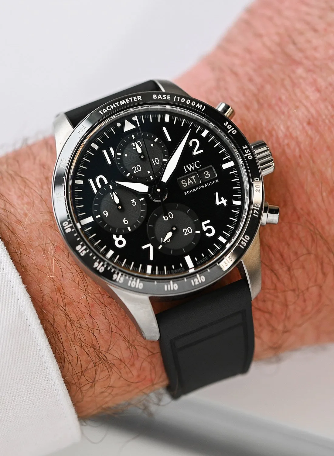 Close-up of the dial of the IWC Pilot’s Watch Performance Chronograph 41 with subdials