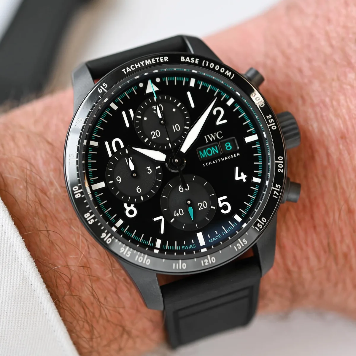 Exhibition caseback of the IWC Pilot’s Watch Performance Chronograph 41 showing the movement