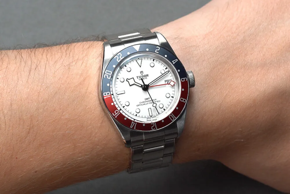 Tudor Black Bay GMT highlighting opalescent white dial