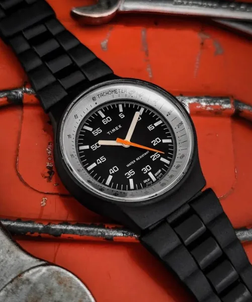 Timex Black Max watch from the 1960s-70s with a tachymeter bezel.