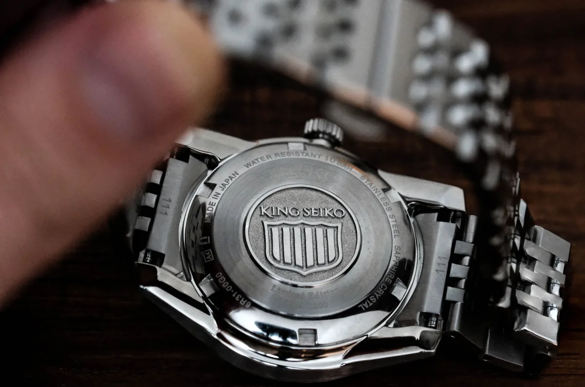 Back view of King Seiko SPB365 showcasing solid case back