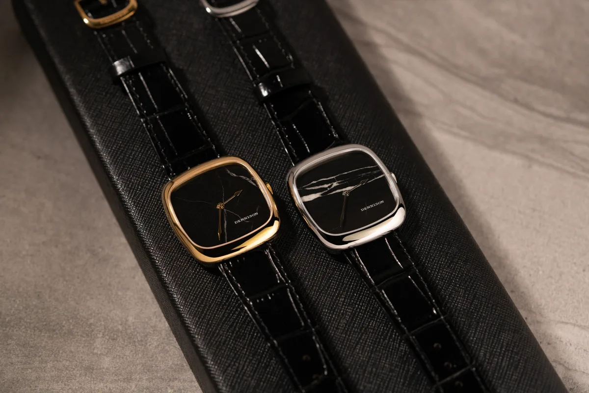 Close-up of the Dennison DateNight model with mother-of-pearl dial