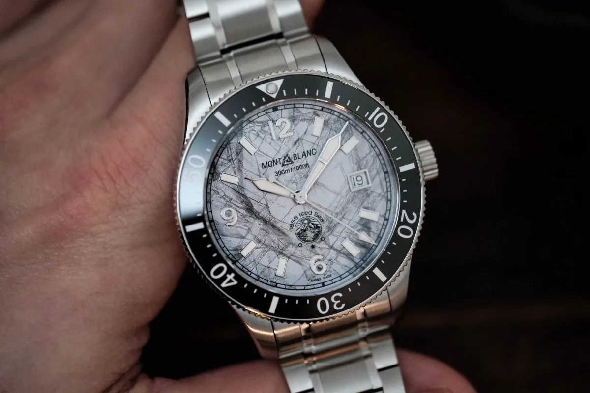 Macro shot of Montblanc Iced Sea dial with gratte-boise technique
