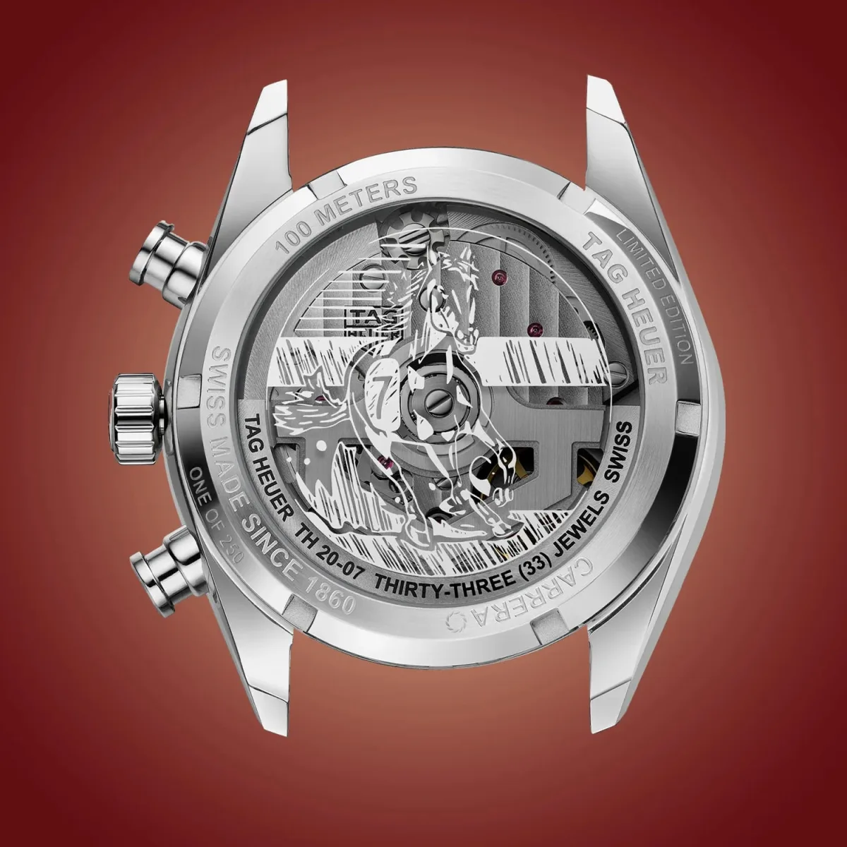 Back view of TAG Heuer Carrera Chronograph showing galloping horse engraving