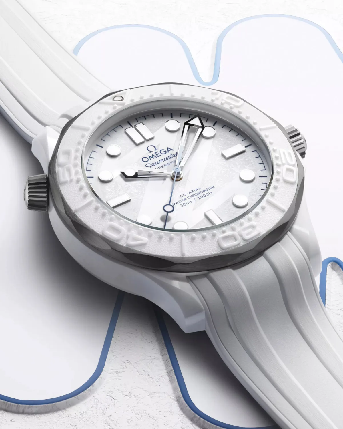 Omega Seamaster Diver 300M Milano Cortina Edition watch with white ceramic case